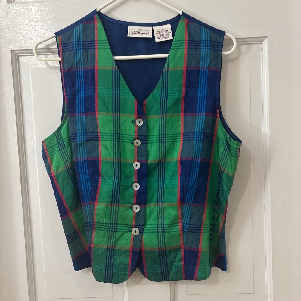 VTG Worthington Green Silk Plaid Vest Women 10 Academia Heritage Preppy Twee